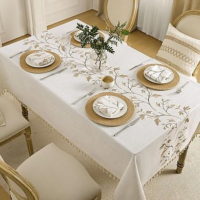 Burlap Rectangle Tablecloth Heavy-Duty Tassel Farmhouse Dining Cover