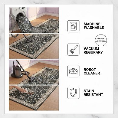 Black Boho Washable Runner Rug Non Slip Stain Resistant Soft Low Pile for Hallway Kitchen Bedroom