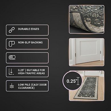 Black Boho Washable Runner Rug Non Slip Stain Resistant Soft Low Pile for Hallway Kitchen Bedroom