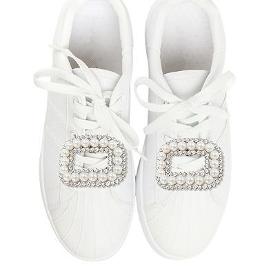 Pearl Square with Detachable Clip Shoe Accessories 2 Pcs Silver Tone White