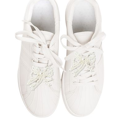 Cute Faux Pearl Bow Shoelace Charms 1 Pair White
