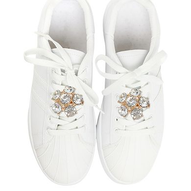 Floral Pin Back Shoe Accessories 2 Pcs Gold Tone White