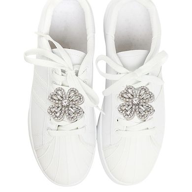 Four-Petal Floral Pin Back Shoe Accessories 2 Pcs Silver Tone