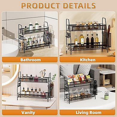 2-Tier Bathroom Counter Organizer, Metal Wire Shelf with Hooks