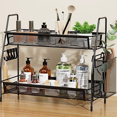 2-Tier Bathroom Counter Organizer, Metal Wire Shelf with Hooks