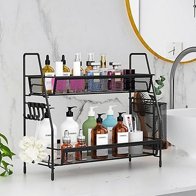 2-Tier Bathroom Counter Organizer, Metal Wire Shelf with Hooks