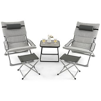 5 pc Patio Sling Chair Set Folding Lounge Chairs with Footrests and Coffee Table-Gray