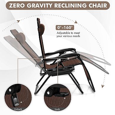 Brown Outdoor Zero Gravity Recliner Chair with Folding Utility Tray