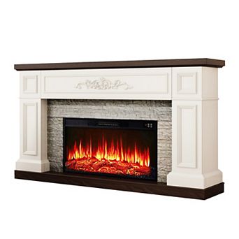 60" Landscape Electric Fireplace with Mantel, Solid Wood Modern Entertainment Center TV Stand