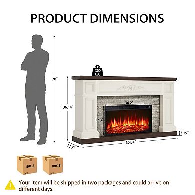 60" Landscape Electric Fireplace with Mantel, Solid Wood Modern Entertainment Center TV Stand