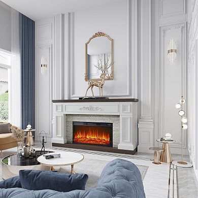 60" Landscape Electric Fireplace with Mantel, Solid Wood Modern Entertainment Center TV Stand