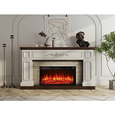 60" Landscape Electric Fireplace with Mantel, Solid Wood Modern Entertainment Center TV Stand