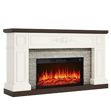 60" Landscape Electric Fireplace with Mantel, Solid Wood Modern Entertainment Center TV Stand