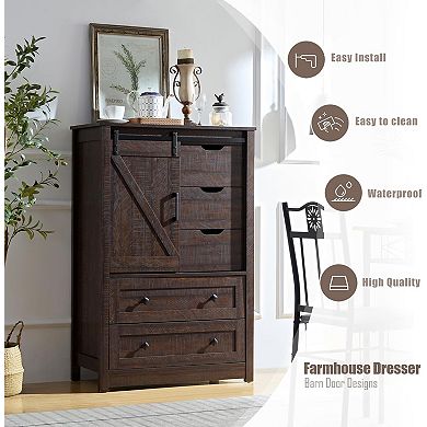 5-Drawer Dresser with Sliding Barn Door Versatile Storage for Bedroom