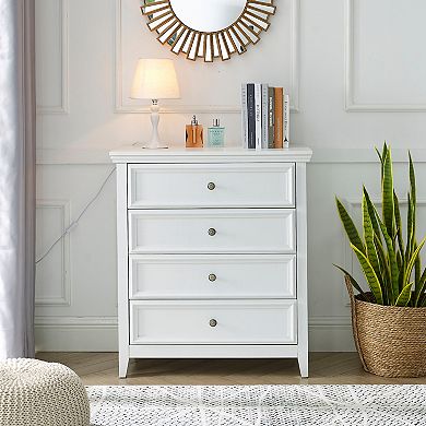Farmhouse 4-Drawer Dresser with Rustic White Finish Bedroom Storage