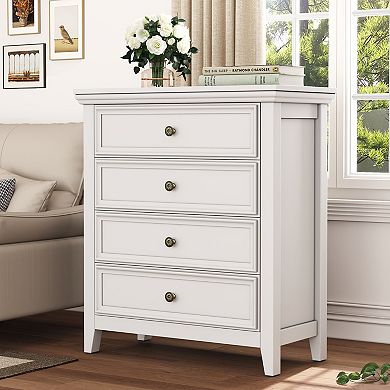 Farmhouse 4-Drawer Dresser with Rustic White Finish Bedroom Storage