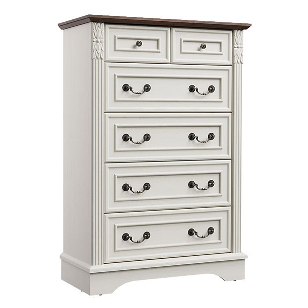 cream 6 drawer dresser Charie Wide Dresser With 6 Drawers, Tapered Legs, White Wood Benjara
