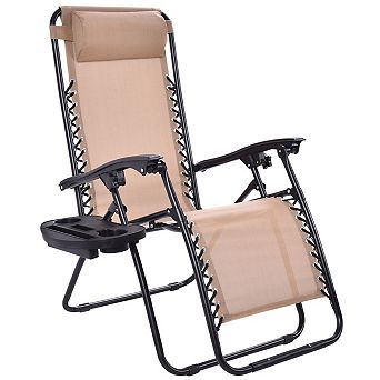 Outdoor Folding Zero Gravity Reclining Lounge Chair with Utility Tray-Beige