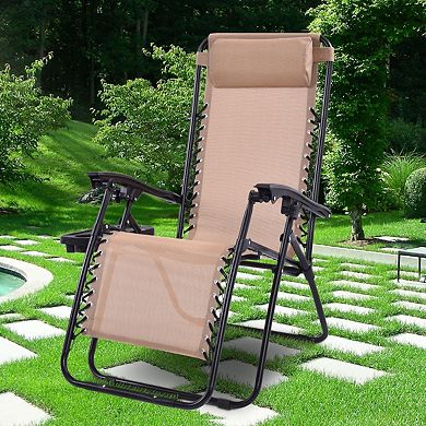 Outdoor Folding Zero Gravity Reclining Lounge Chair with Utility Tray-Beige