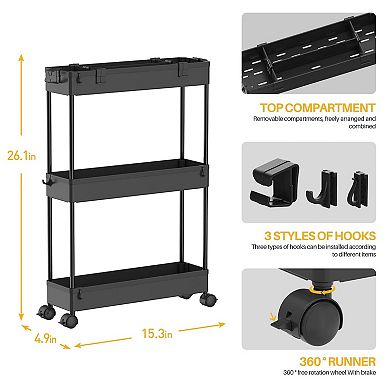 Slim Storage Cart 3 Tier,Bathroom Organizer Rolling Utility,Mobile Shelving Unit Slide Out