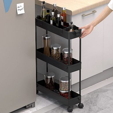 Slim Storage Cart 3 Tier,Bathroom Organizer Rolling Utility,Mobile Shelving Unit Slide Out