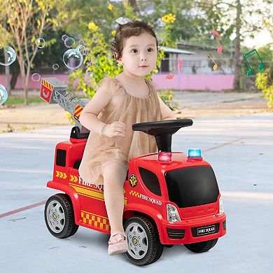 Kids Ride-On Fire Truck Push Car with Bubble Maker and Lights
