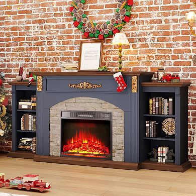 72" Farmhouse Fireplace TV Mantel Stacked Stone with Media Storage for 80" TVs