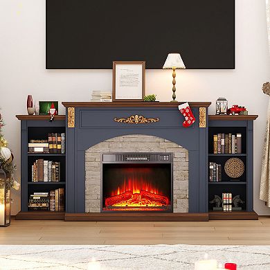 72" Farmhouse Fireplace TV Mantel Stacked Stone with Media Storage for 80" TVs