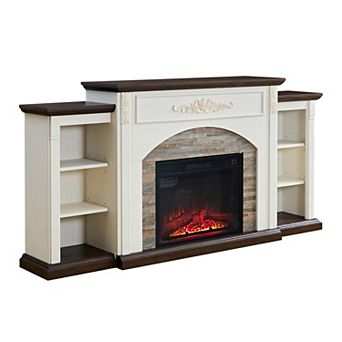 72" Farmhouse Fireplace TV Mantel Stacked Stone with Media Storage for 80" TVs