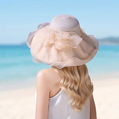 Womens Wide Brim Straw Sun Hat Mesh Trim Elegant Summer Beach Vacation Hat