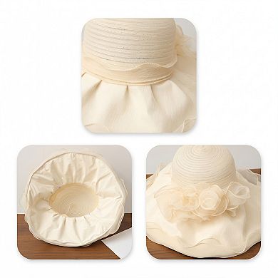 Womens Wide Brim Straw Sun Hat Mesh Trim Elegant Summer Beach Vacation Hat