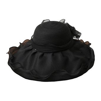 Womens Wide Brim Straw Sun Hat Mesh Trim Elegant Summer Beach Vacation Hat