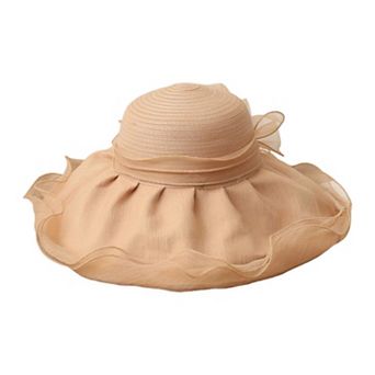 Womens Wide Brim Straw Sun Hat Mesh Trim Elegant Summer Beach Vacation Hat