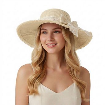 Womens Wide Brim Straw Sun Hat with Lace Tie Breathable Summer Beach Floppy Hat
