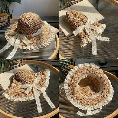 Womens Wide Brim Straw Sun Hat Lace Trim Breathable Floppy Beach Vacation Hat