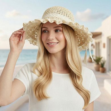 Womens Wide Brim Straw Sun Hat Lace Trim Breathable Floppy Beach Vacation Hat