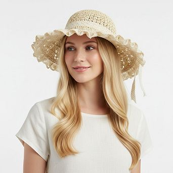 Womens Wide Brim Straw Sun Hat Lace Trim Breathable Floppy Beach Vacation Hat