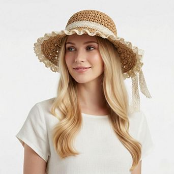 Womens Wide Brim Straw Sun Hat Lace Trim Breathable Floppy Beach Vacation Hat
