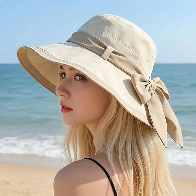 Womens Wide Brim Sun Hat with Bow Lightweight Foldable Beach Vacation Hat