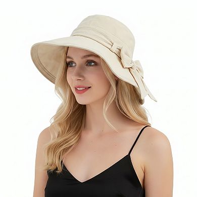 Womens Wide Brim Sun Hat with Bow Lightweight Foldable Beach Vacation Hat