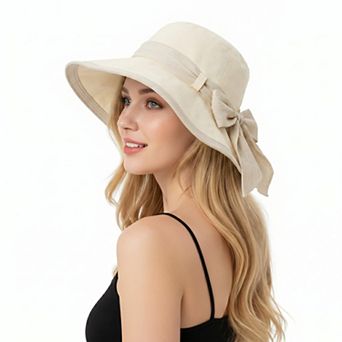 Womens Wide Brim Sun Hat with Bow Lightweight Foldable Beach Vacation Hat