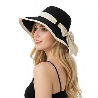 Womens Wide Brim Sun Hat with Bow Lightweight Foldable Beach Vacation Hat