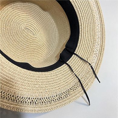 Womens Straw Boater Hat Wide Brim Summer Beach Hat Woven Band Flat Top Sun Hat