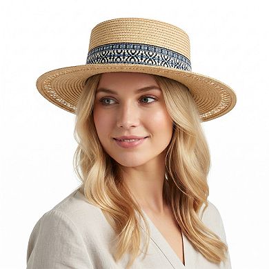 Womens Straw Boater Hat Wide Brim Summer Beach Hat Woven Band Flat Top Sun Hat