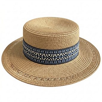 Womens Straw Boater Hat Wide Brim Summer Beach Hat Woven Band Flat Top Sun Hat