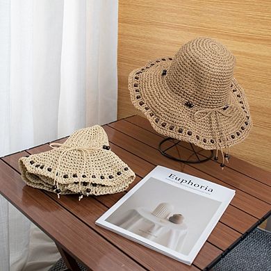 Womens Wide Brim Straw Sun Hat Beaded Trim Handmade Crochet Beach Vacation Hat