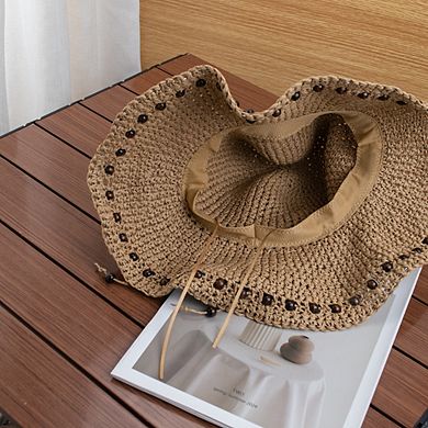 Womens Wide Brim Straw Sun Hat Beaded Trim Handmade Crochet Beach Vacation Hat