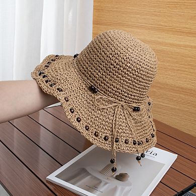Womens Wide Brim Straw Sun Hat Beaded Trim Handmade Crochet Beach Vacation Hat