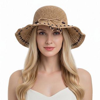 Womens Wide Brim Straw Sun Hat Beaded Trim Handmade Crochet Beach Vacation Hat