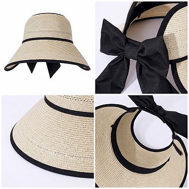 Womens Wide Brim Straw Visor Hat Breathable Foldable Summer Sun Hat Beach Vacation Hat